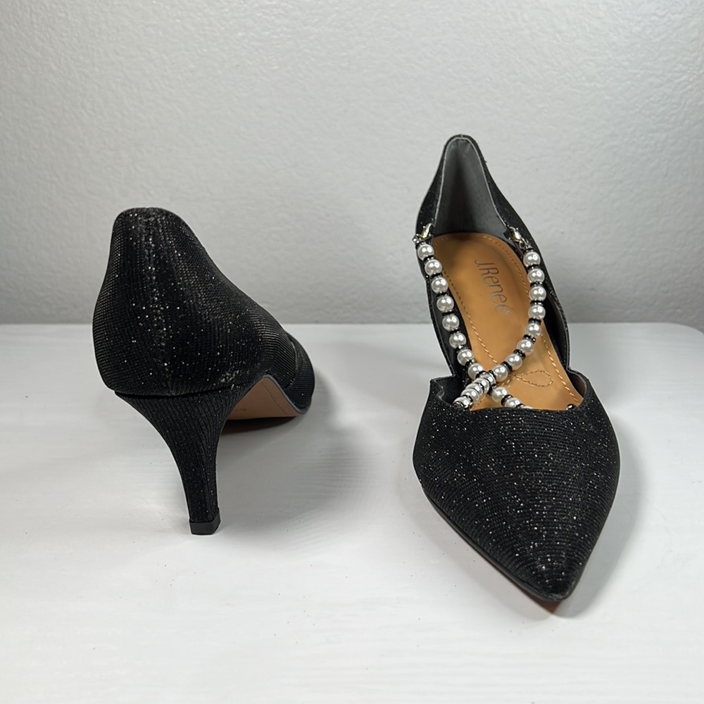J. Renee black heels with removable pearl and black bead front cross straps 8M - Picture 16 of 16